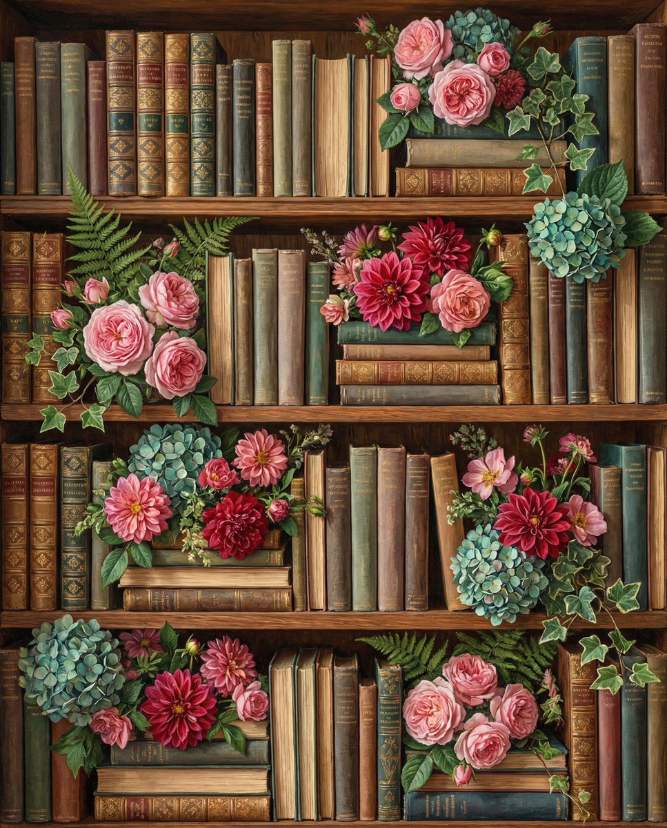 Overhead Shot of Bookshelves with Floral Arrangements — output 1