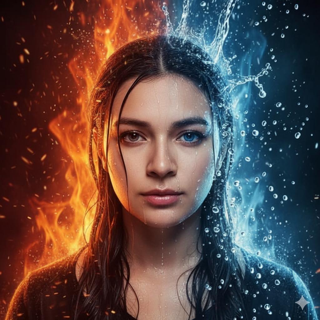 Hyper-Realistic Cinematic Portrait of Elemental Balance (Fire and Water) — output 1