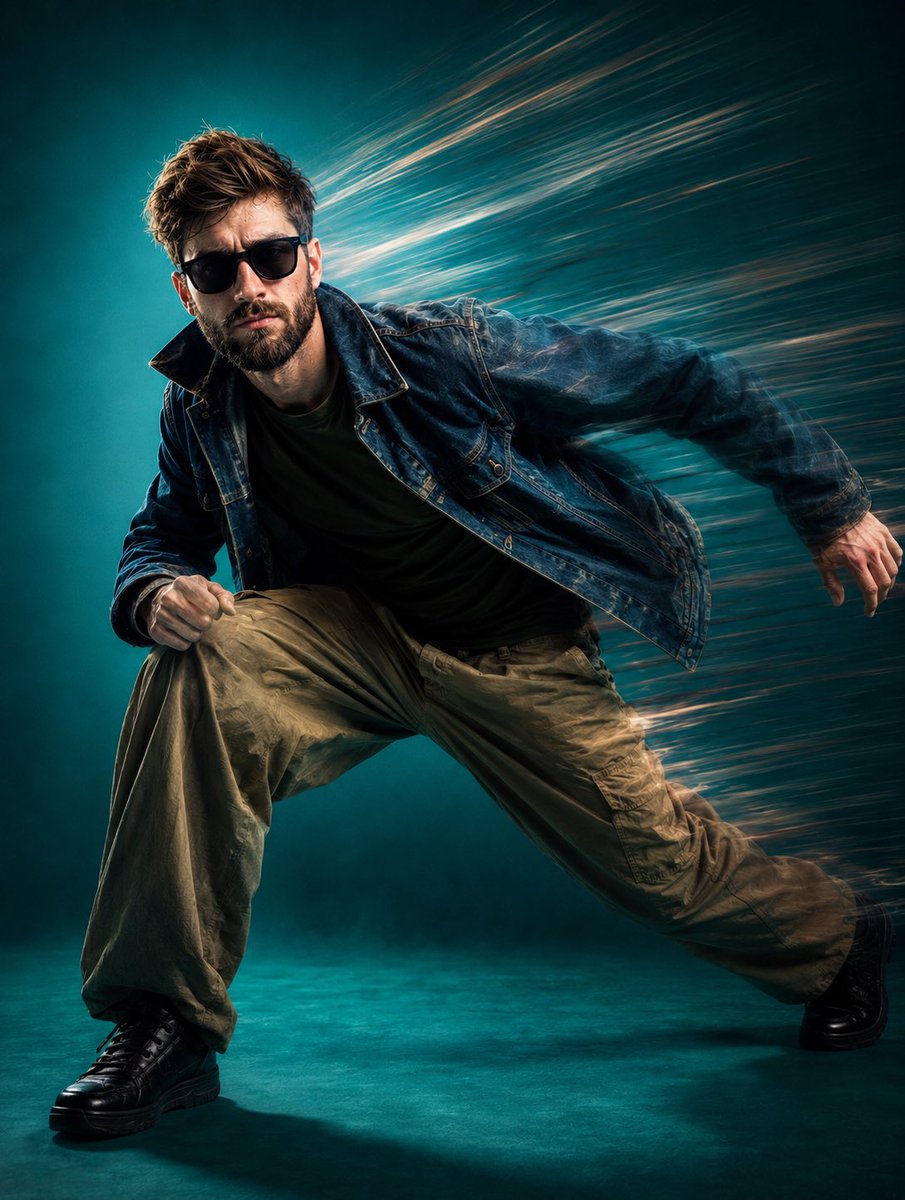 Product Marketing - Dynamic Teal Streetwear Action Shot — output 1