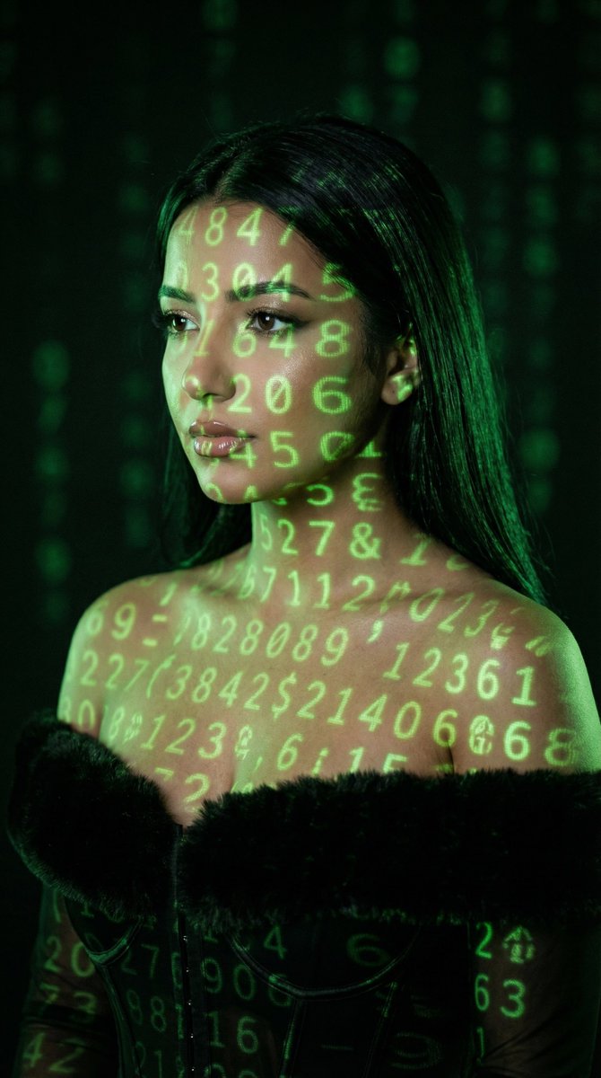 YouTube Thumbnail - Cyber Projector Numbers Beauty Portrait Prompt (JSON format) — output 1