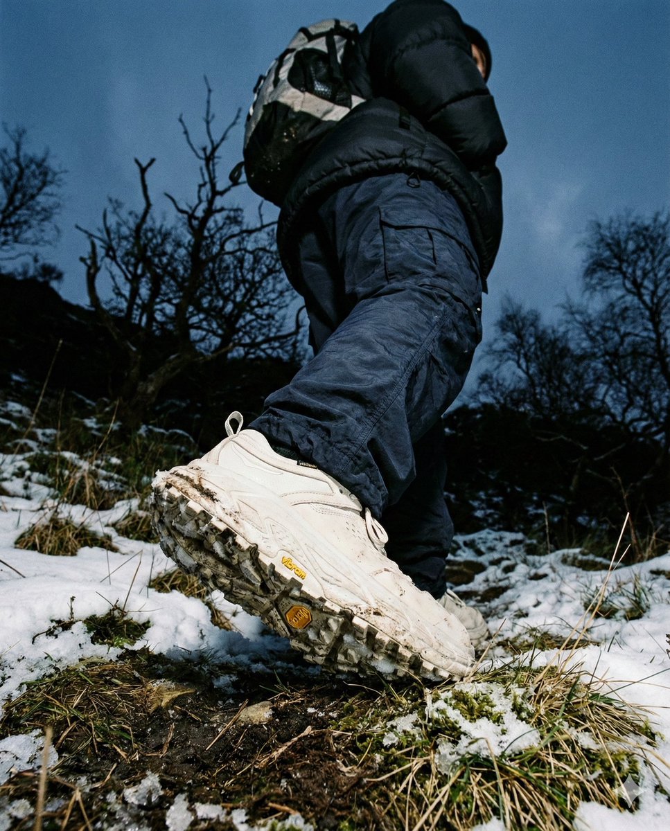 E-commerce Main Image - Gorpcore Editorial: Extreme Worm's-Eye View of Hiking Boot — output 1