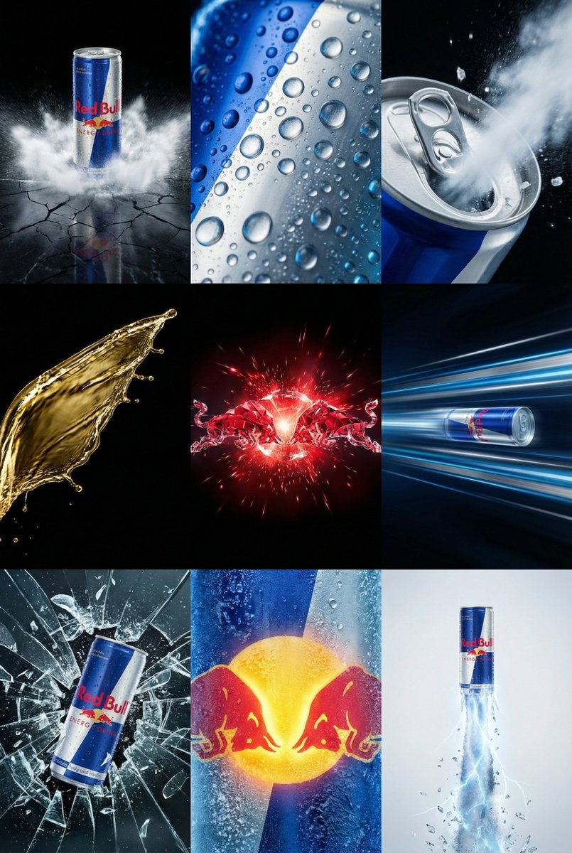 Product Marketing - Red Bull Commercial Grid Collage Prompt (JSON) — output 1