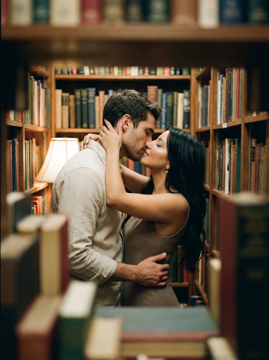 Social Media Post - Analog Film Kiss in a Bookstore Aisle — output 1