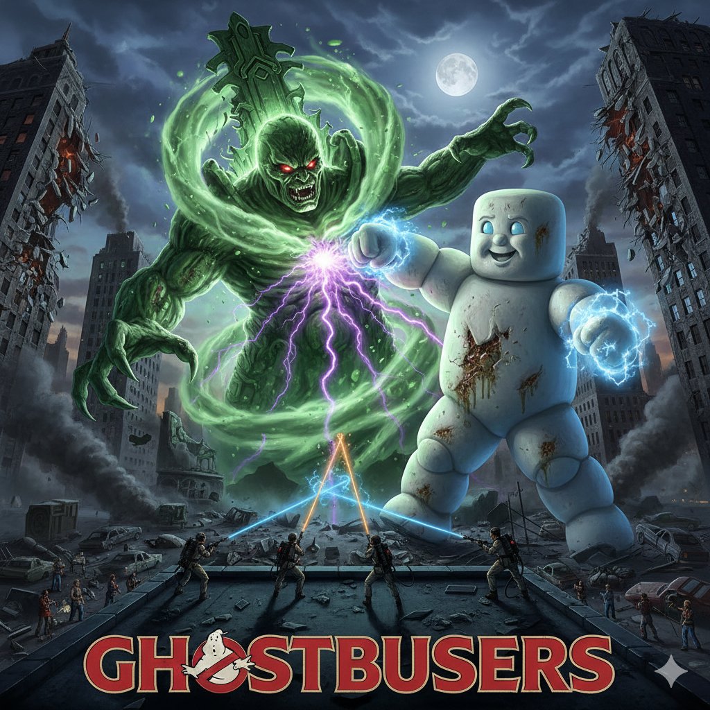 Game Asset - Generate Ghostbusters Scene with Gozer and Stay Puft — output 1