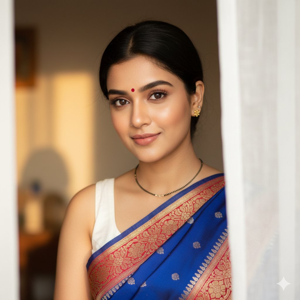 South Asian Woman Portrait with Saree and Sheer Curtains — output 1
