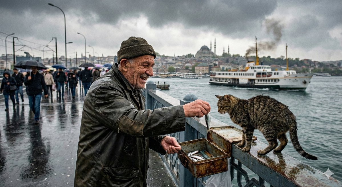Documentary Photo of Fisherman and Cat on Galata Bridge — output 1