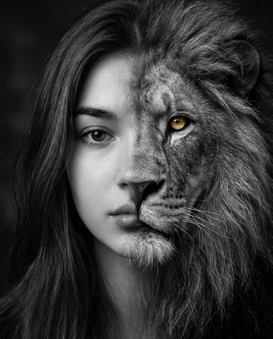 Cinematic Human-Lion Fusion Portrait — output 1