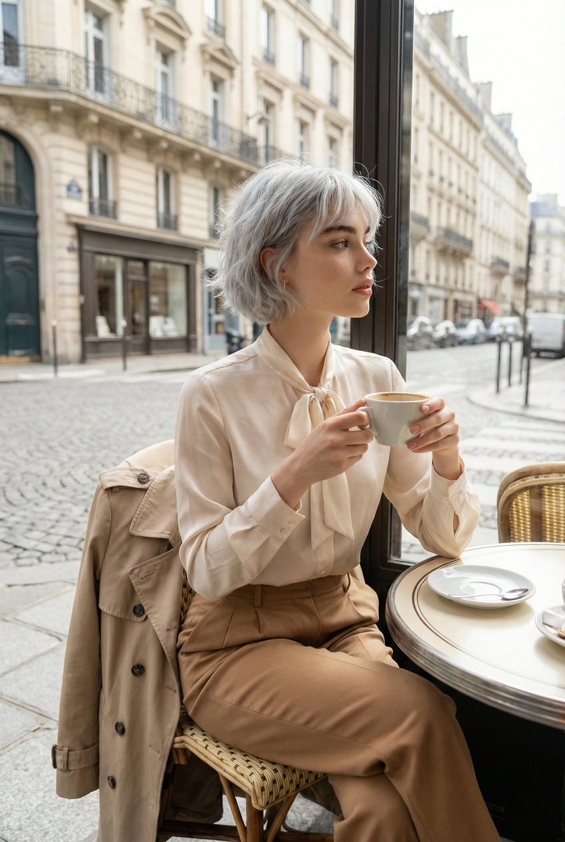 Candid Parisian Café Portrait with Silver Hair — output 1