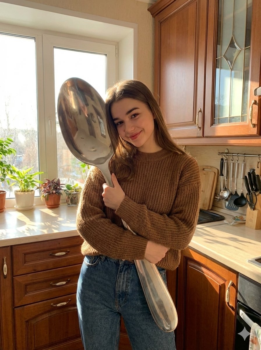 Photorealistic Woman Hugging Giant Spoon in Kitchen Prompt — output 1
