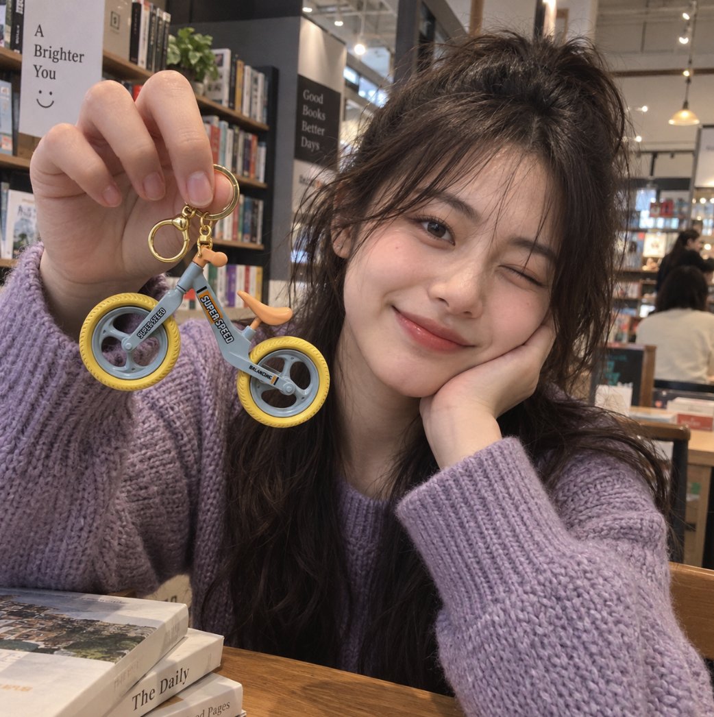Profile / Avatar - Girl Winking Holding Miniature Bike Keychain — output 1