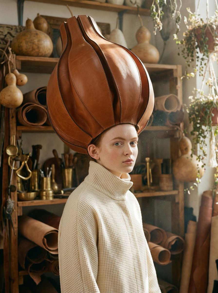 Product Marketing - Avant-Garde Fashion Portrait with Leather Headpiece (JSON) — output 1