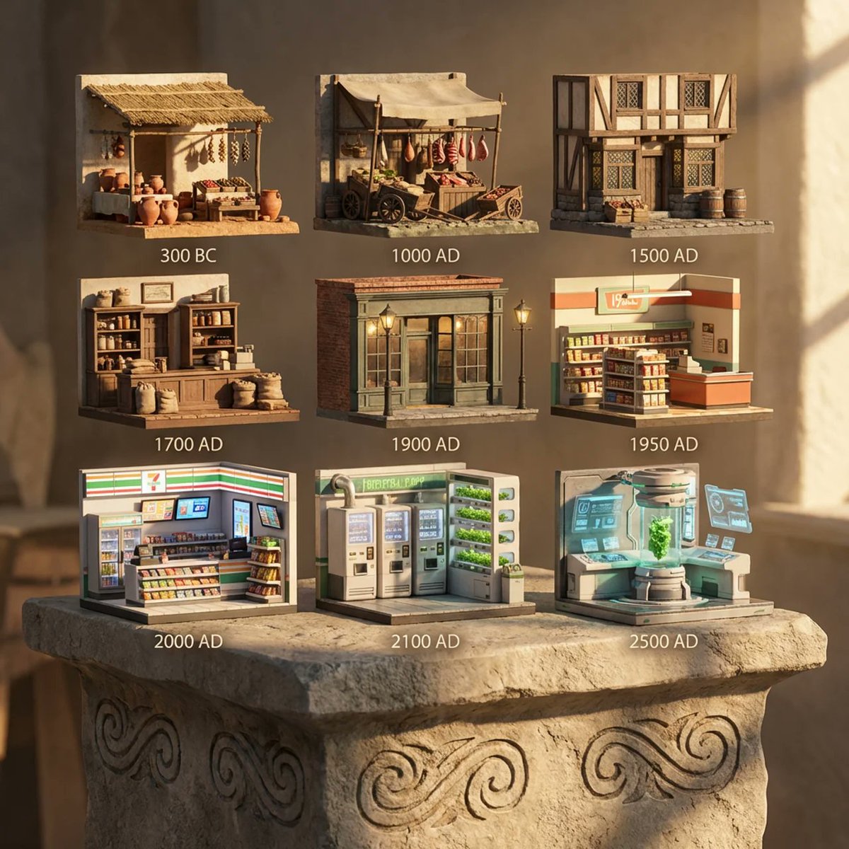 Infographic / Edu Visual - Evolution of Grocery Shops 3D Grid Prompt — output 1
