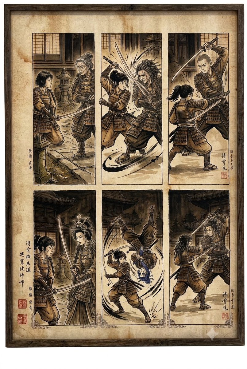 Comic / Storyboard - Samurai fight scene ukiyo-e triptych — output 1