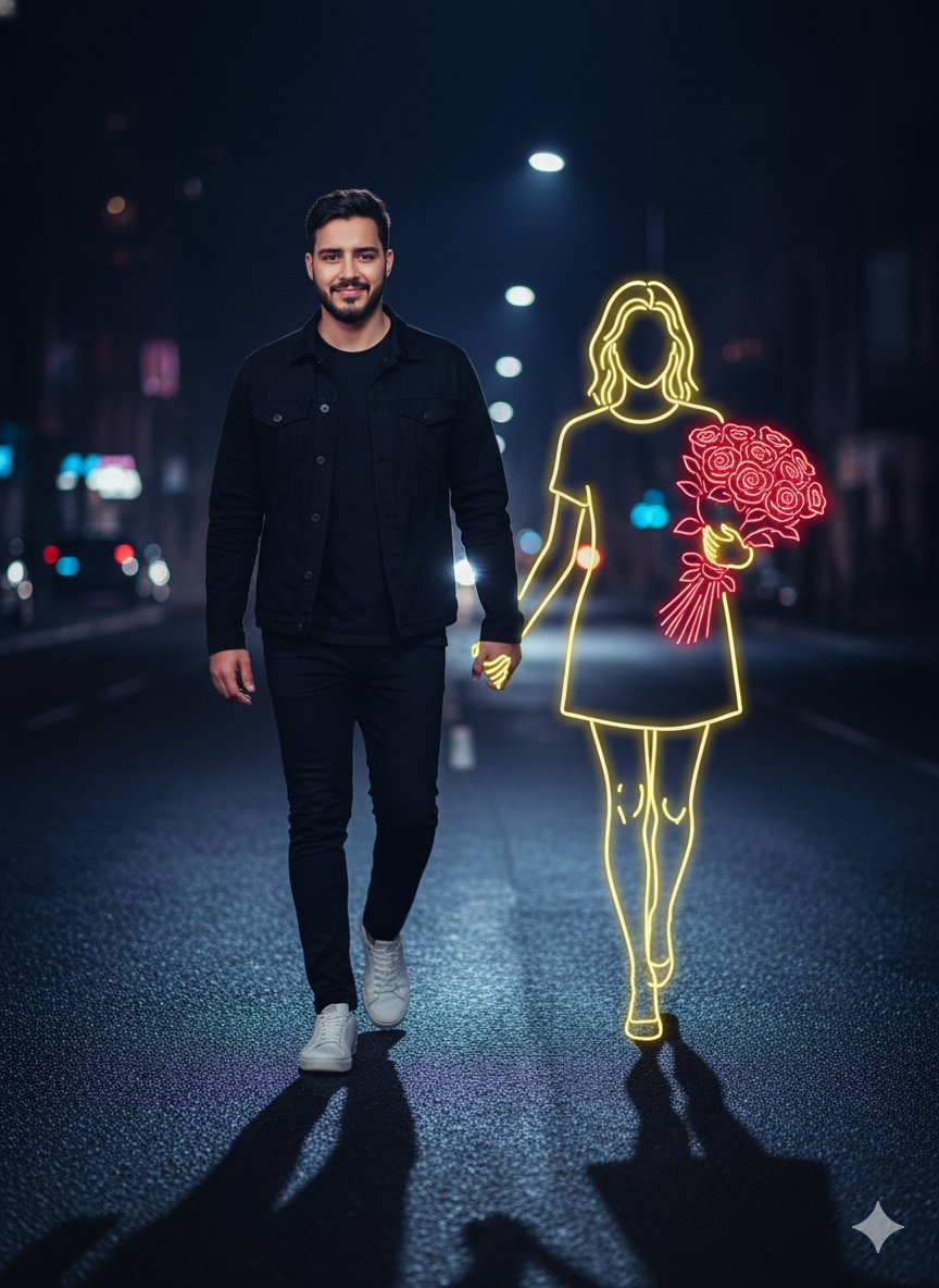 Cinematic Night Portrait with Neon Silhouette — output 1