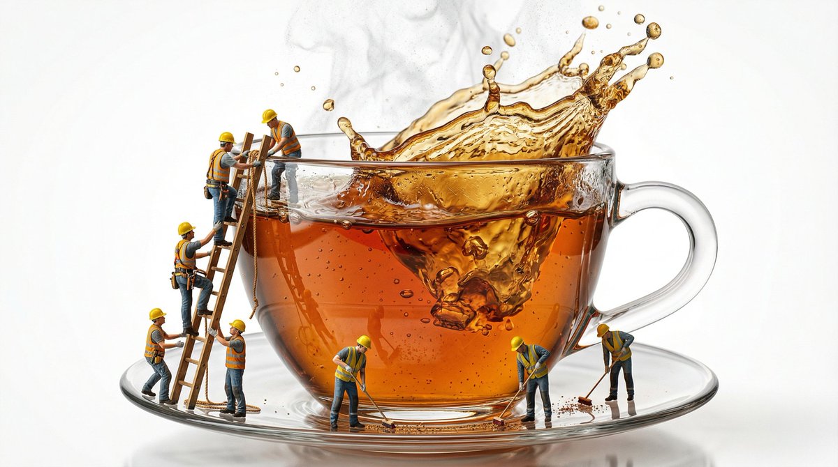 E-commerce Main Image - Macro Product Shot of Teacup with Construction Workers — output 1