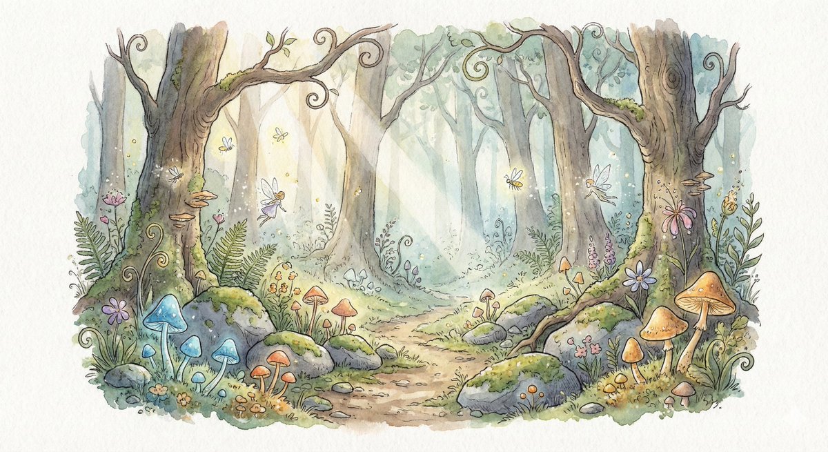 Poster / Flyer - Watercolor Illustration of Enchanted Forest Clearing at Dawn — output 1