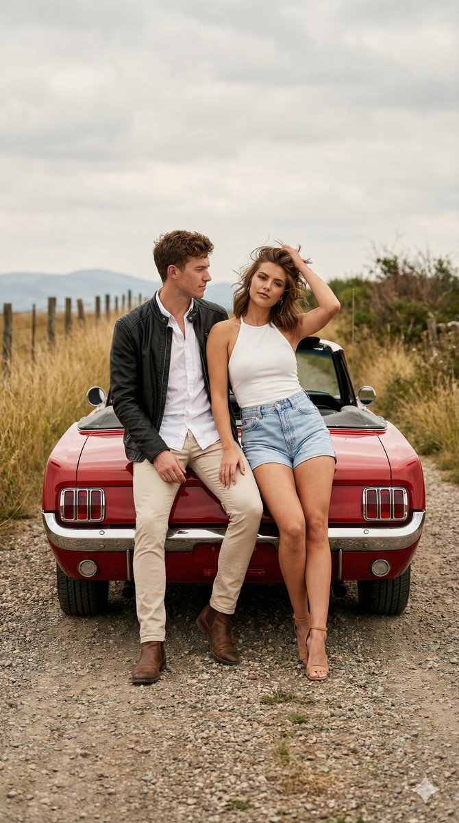 Vintage Couple on Red Classic Convertible in Countryside — output 1