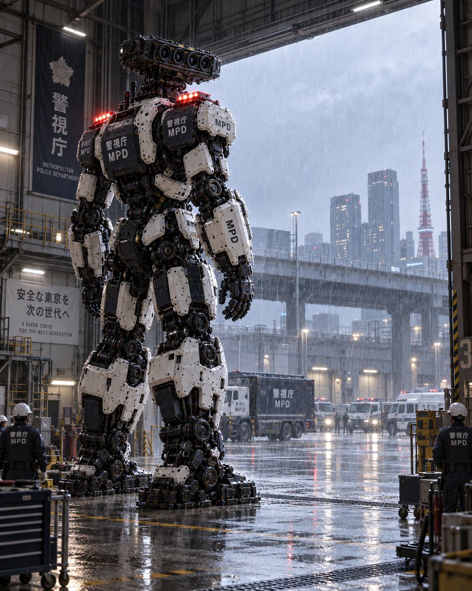 YouTube Thumbnail - Giant MPD Robot in Rainy Hangar — output 1