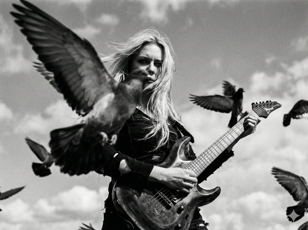 Cinematic Black and White Photo of Woman with Guitar and Pigeons — output 1