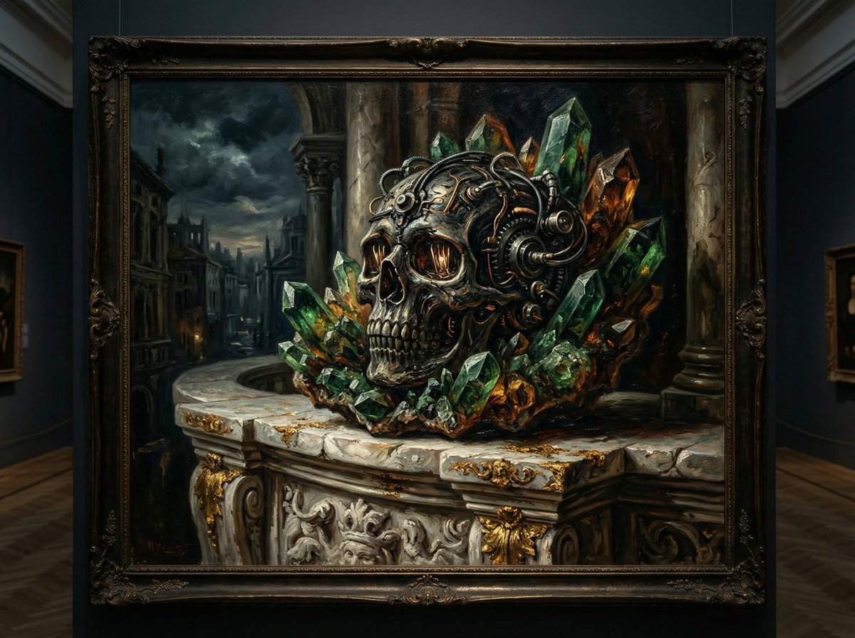 Dramatic Chiaroscuro Oil Painting of Biomechanical Skull — output 1