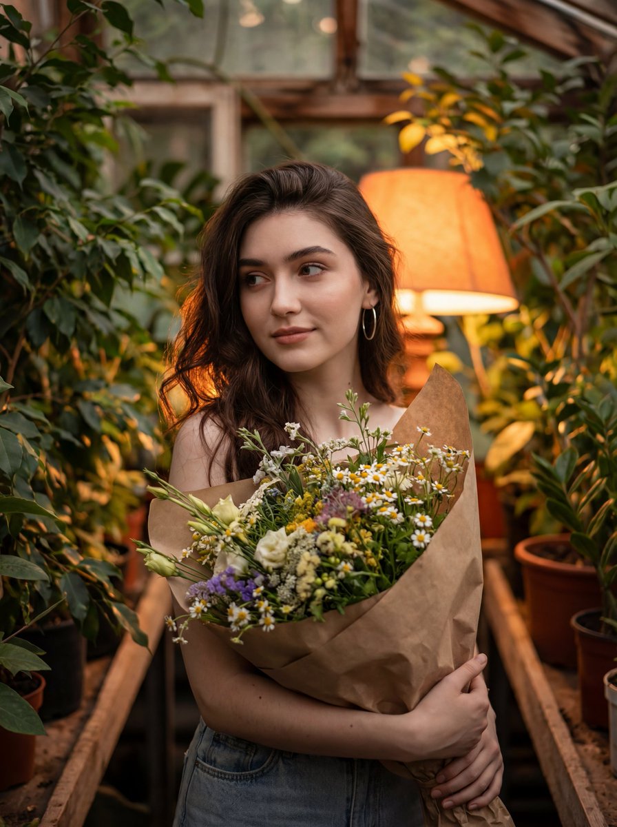 Atmospheric Portrait with Flowers and Warm Lighting — output 1