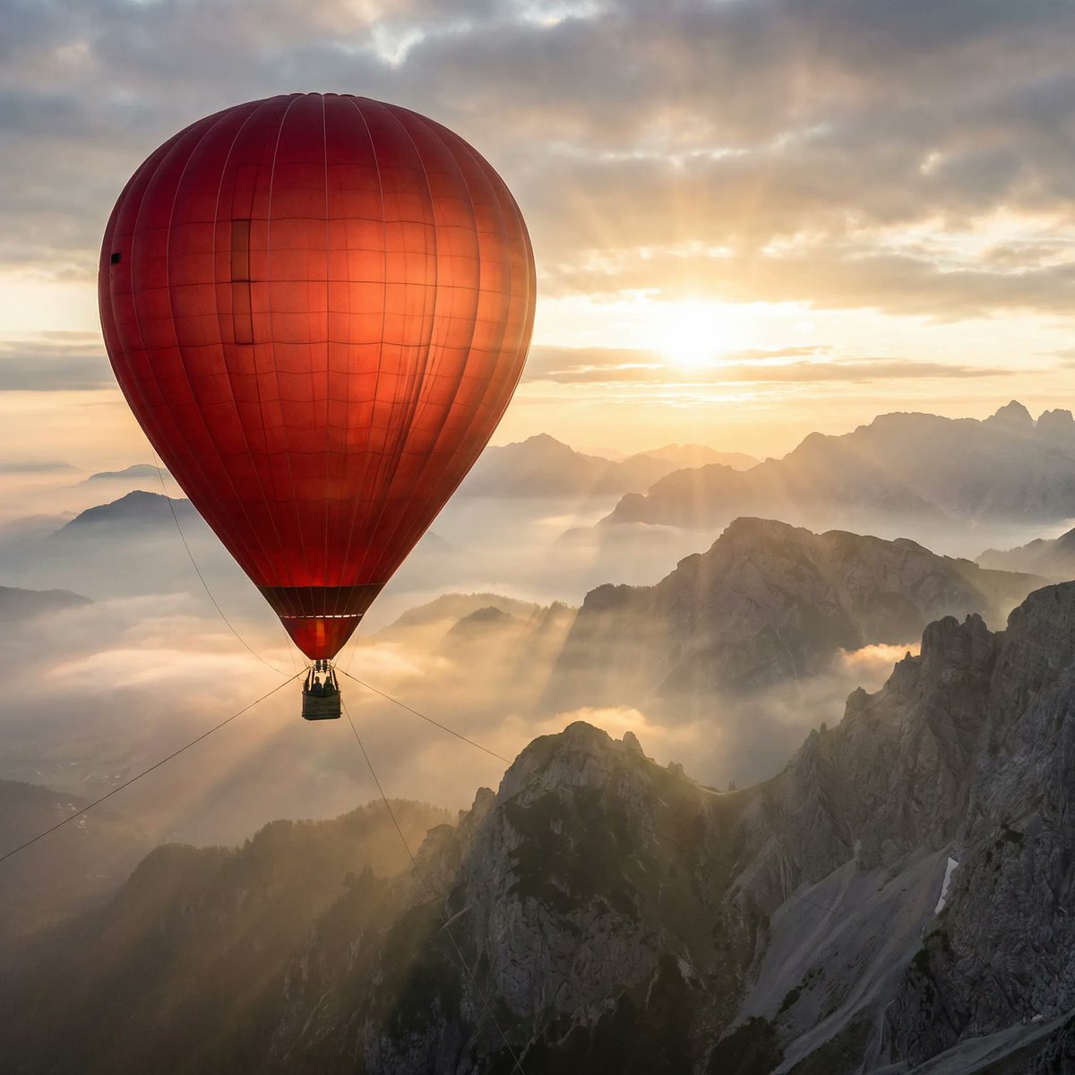 Giant Red Balloon Above Misty Mountains — output 1