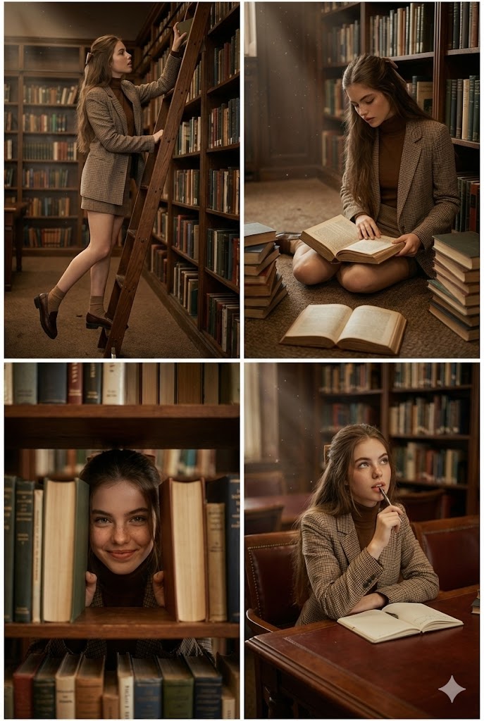 Dark Academia Library Multi-Panel Grid for Identity Preservation — output 1
