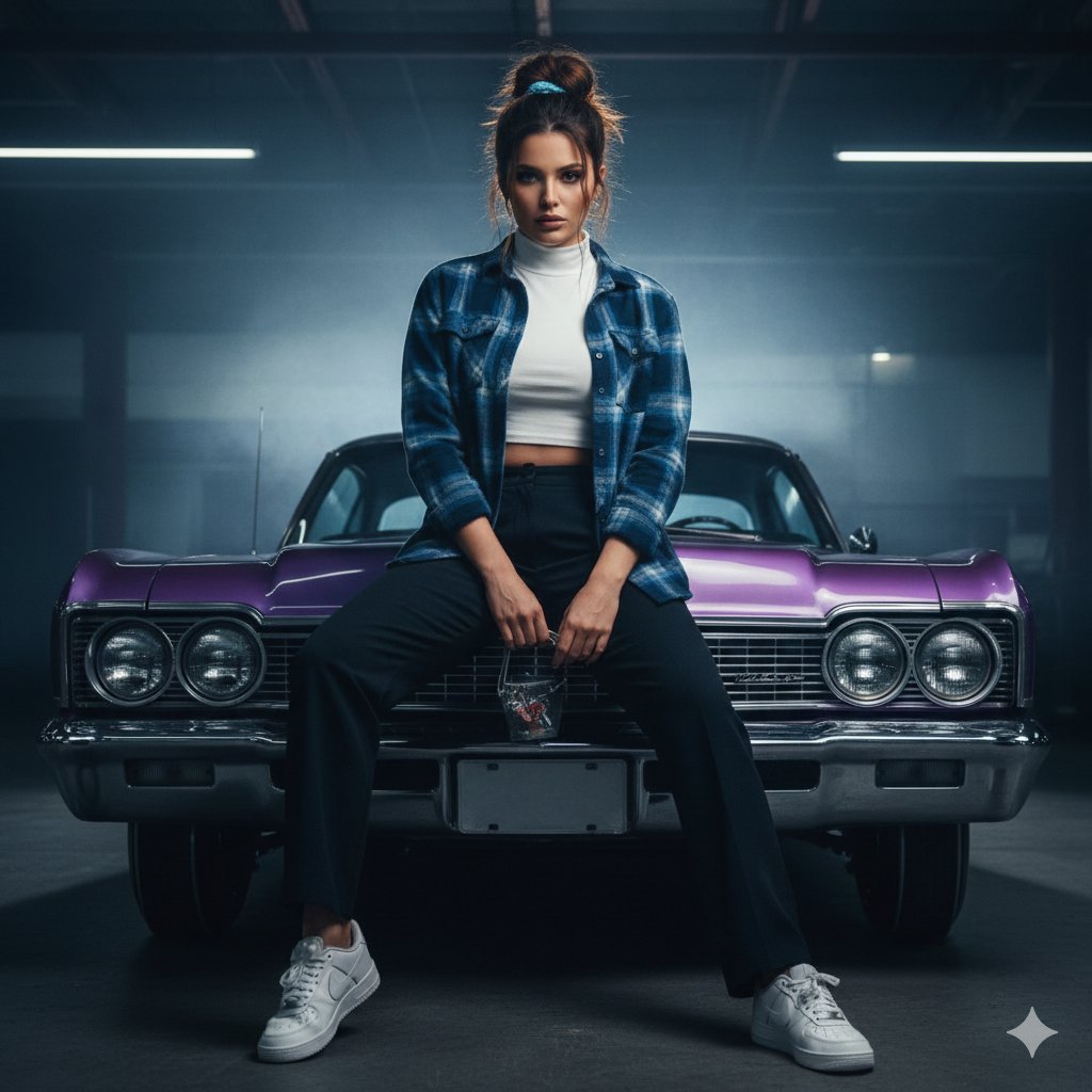 Cinematic Urban Rebel Portrait on Lowrider — output 1