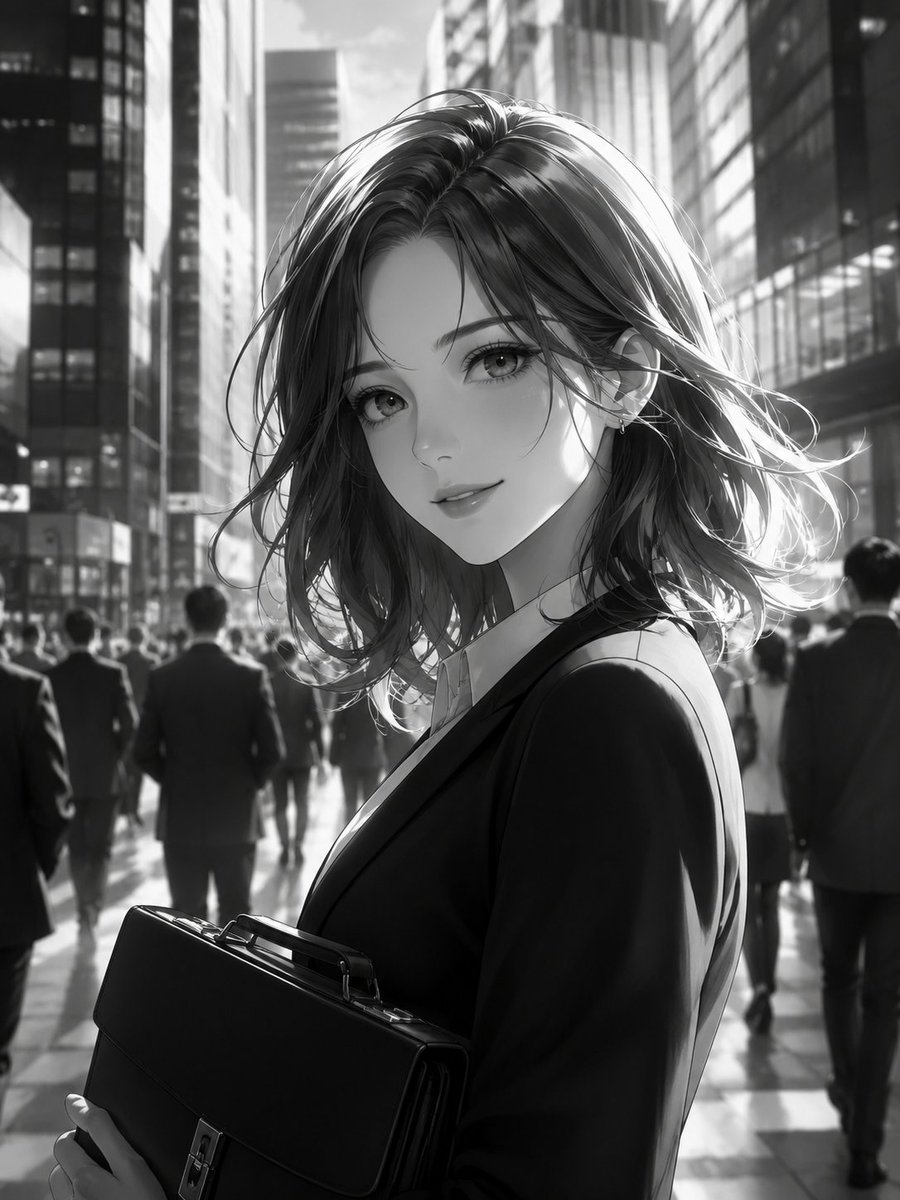 Comic / Storyboard - Monochrome Anime Businesswoman City Portrait — output 1