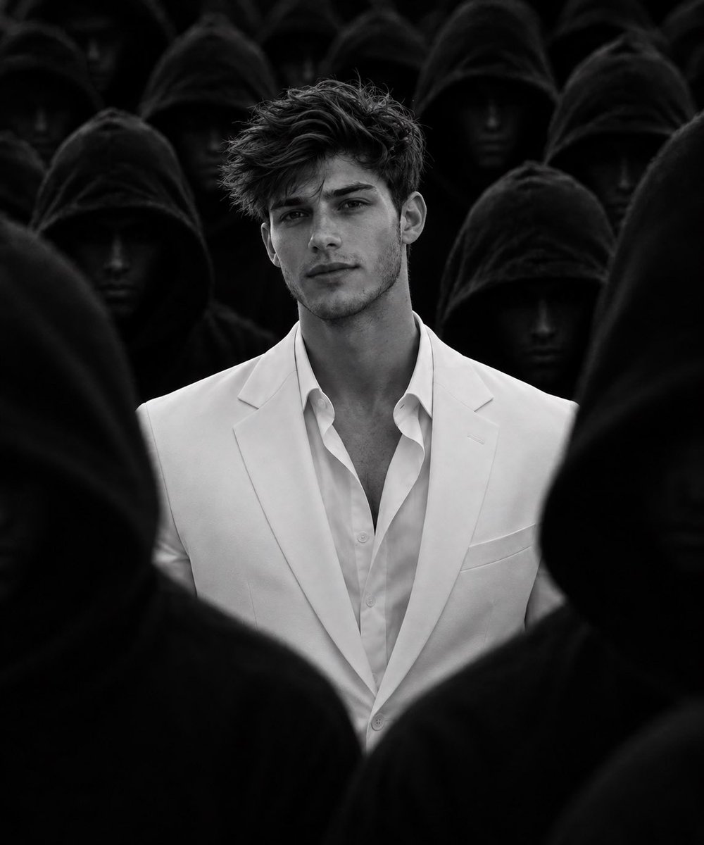 Profile / Avatar - White Suit Man in Hooded Crowd — output 1