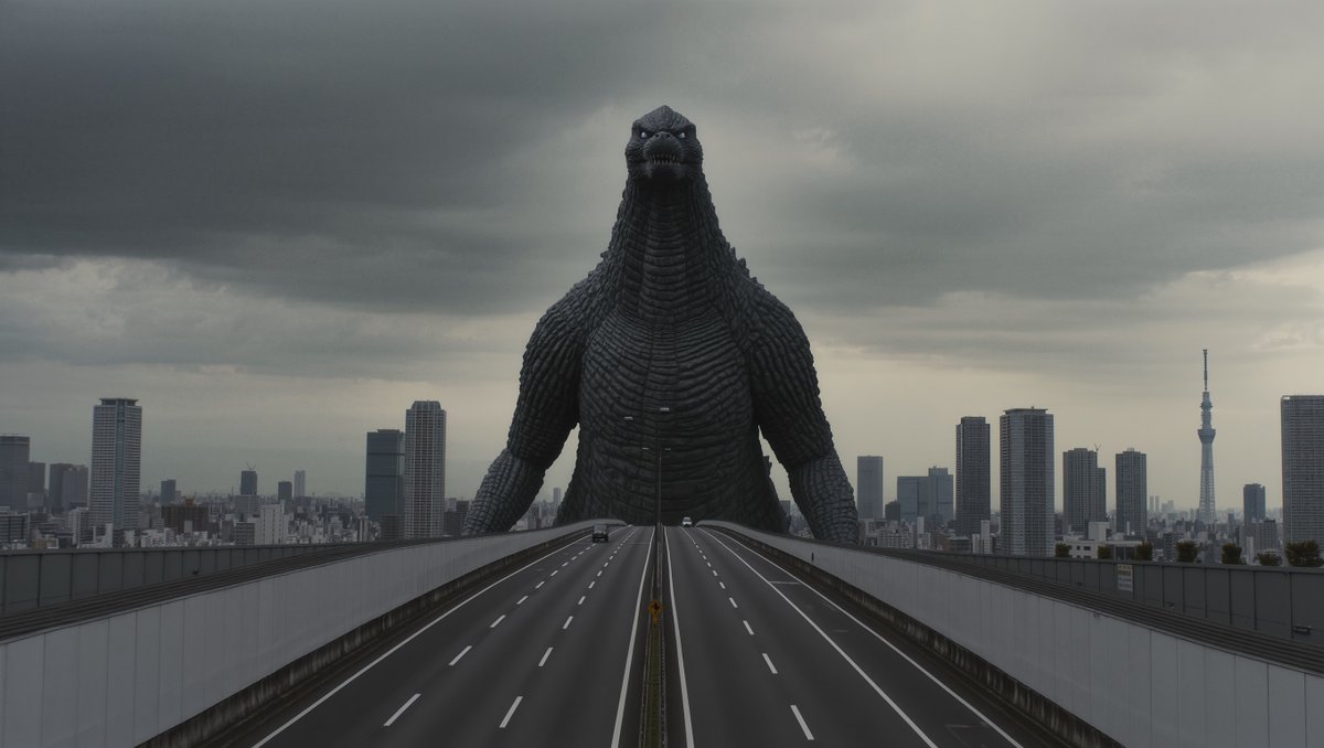 Social Media Post - Godzilla in Tokyo Skytree District, 70s Style — output 1