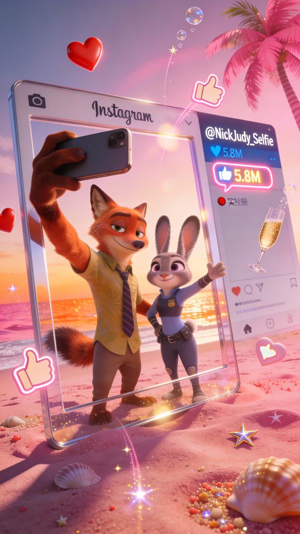 Nick and Judy Pink Beach Instagram-Style Selfie — output 1