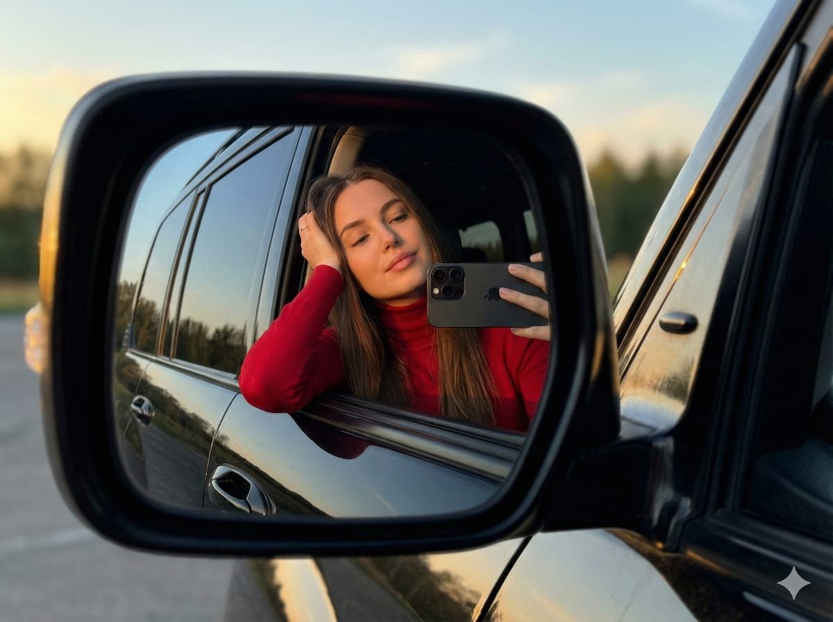 JSON selfie-in-car mirror prompt for Nano Banana Pro — output 1