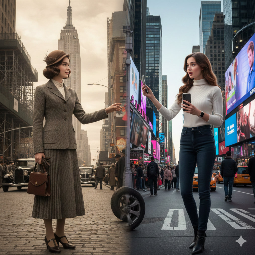 Split-Screen Cinematic Time Travel Prompt — output 1