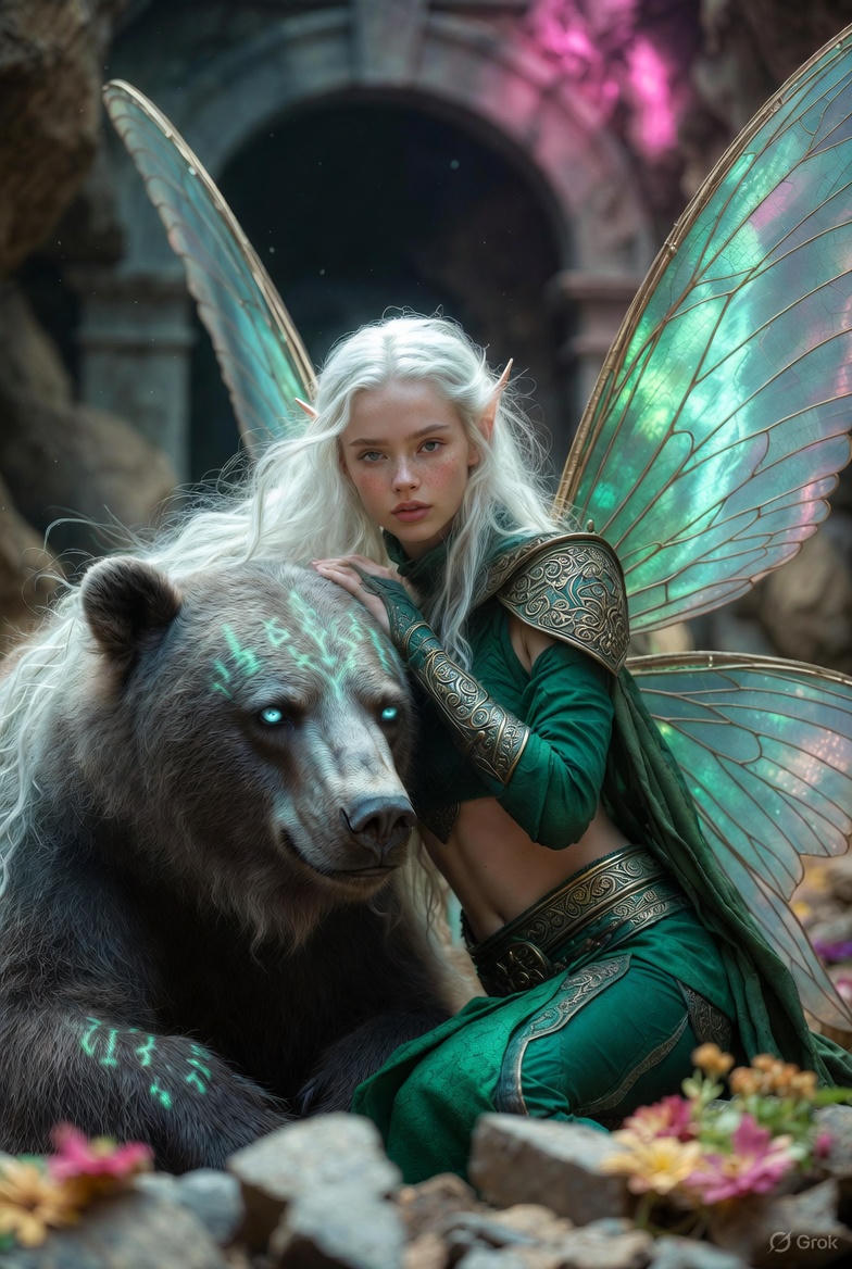 Game Asset - Photorealistic Fantasy Scene: Fairy and Muscular Bear in Cavern — output 1