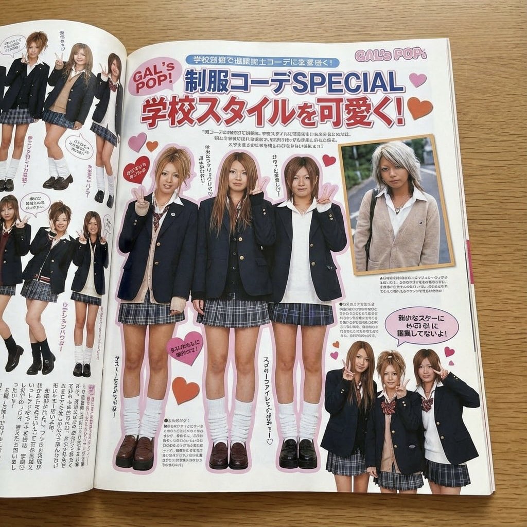 Japanese gyaru magazine spread on school uniforms — output 1