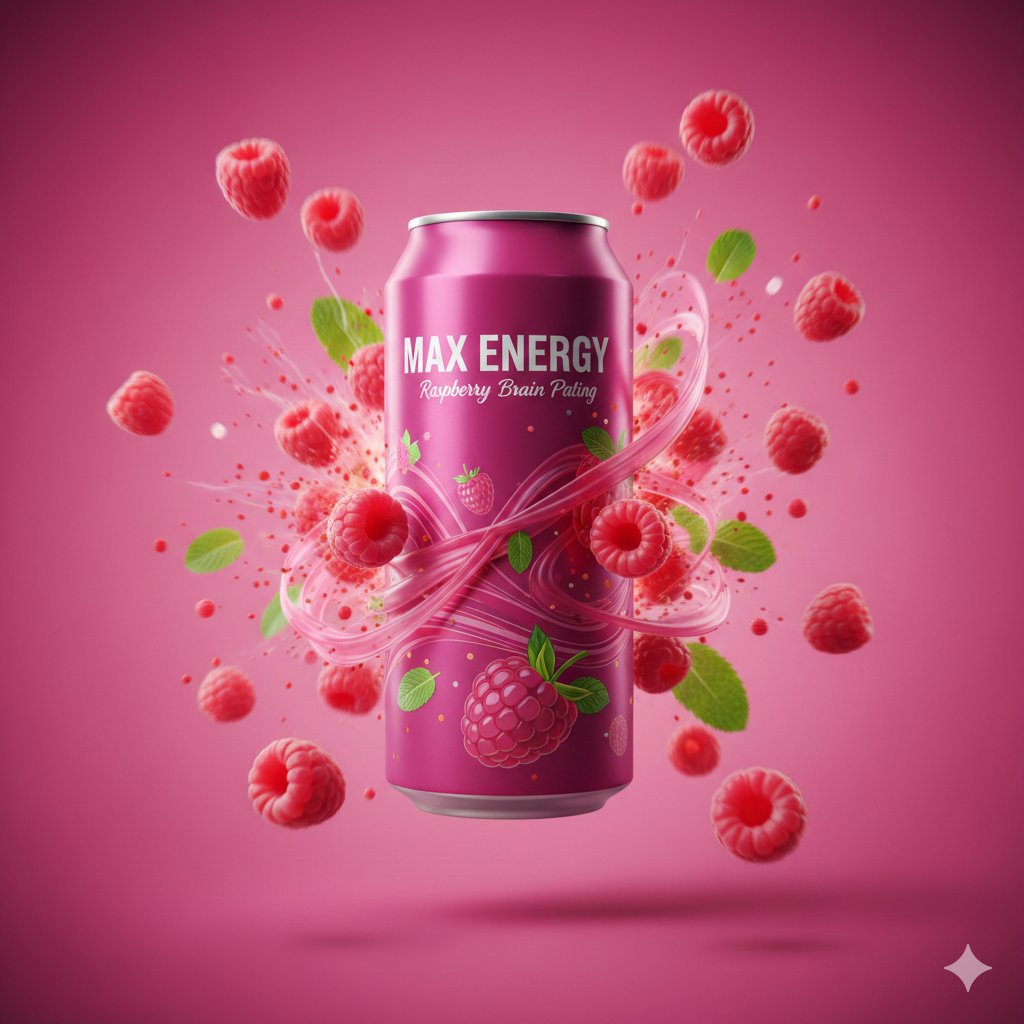 E-commerce Main Image - Cinematic Raspberry Energy Drink Ad Shot Prompt — output 1