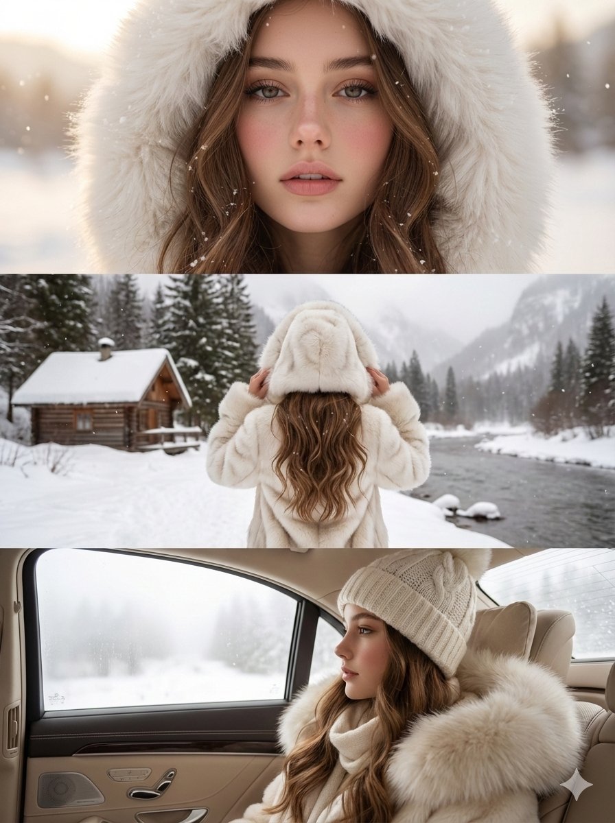 High-Quality Vertical Collage of a Young Woman in Luxury Winter Style — output 1
