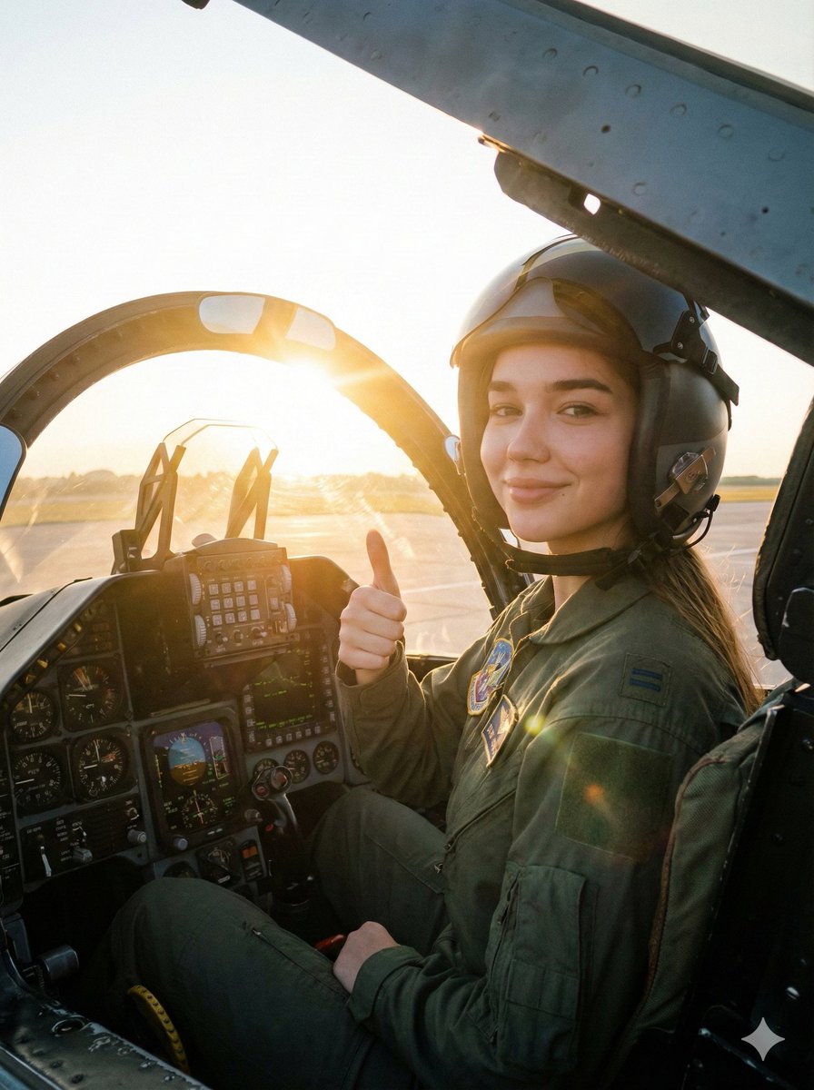 Cinematic Female Fighter Pilot Portrait at Sunset — output 1