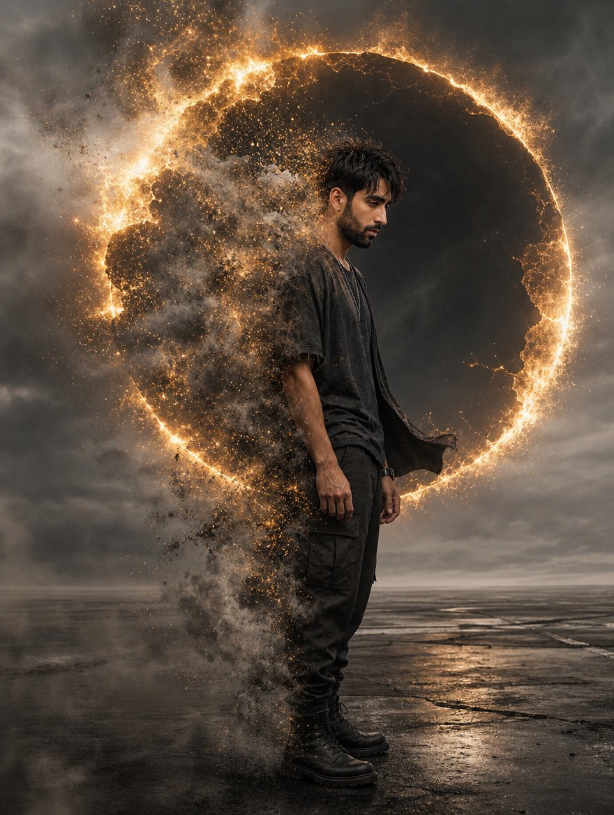 Comic / Storyboard - Cinematic Eclipse Disintegration Portrait — output 1