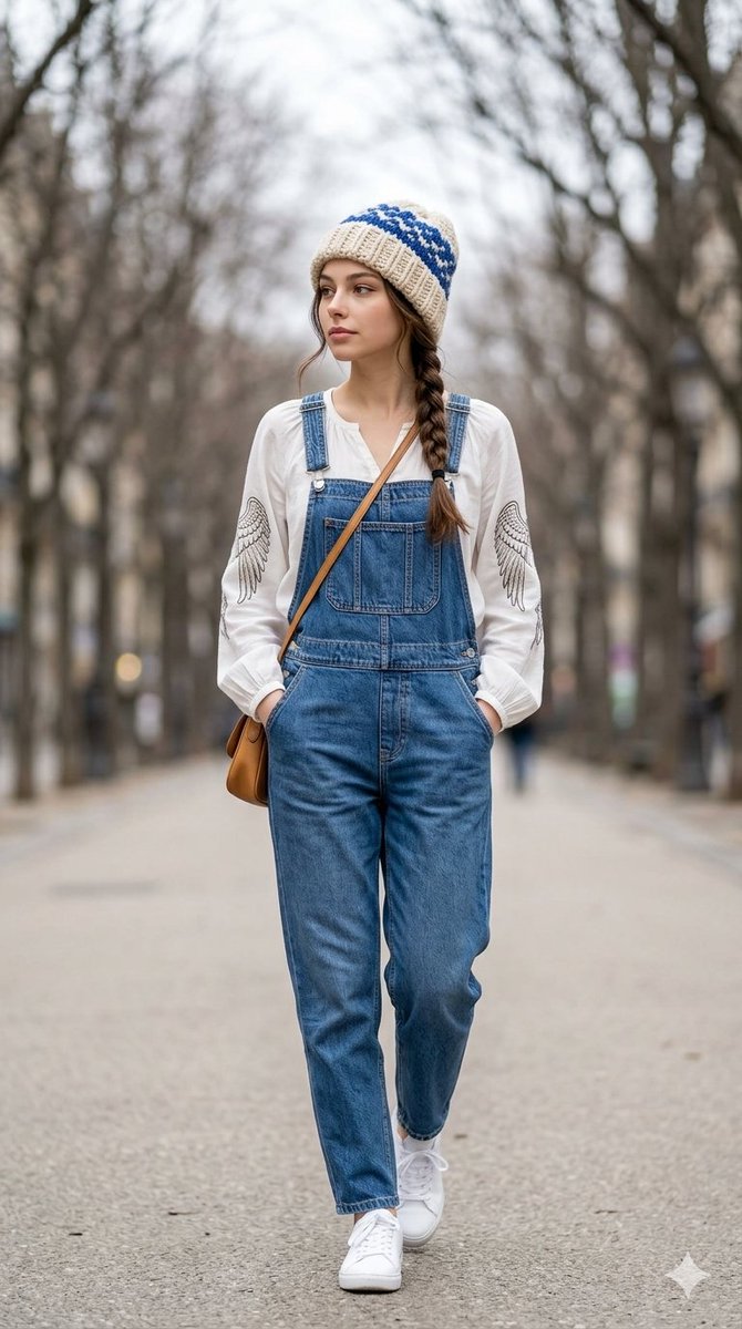 Street Fashion Walk in Denim Overalls — output 1