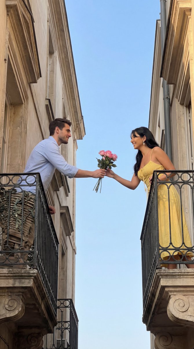 Cinematic Romantic Editorial: Balcony Flower Exchange — output 1