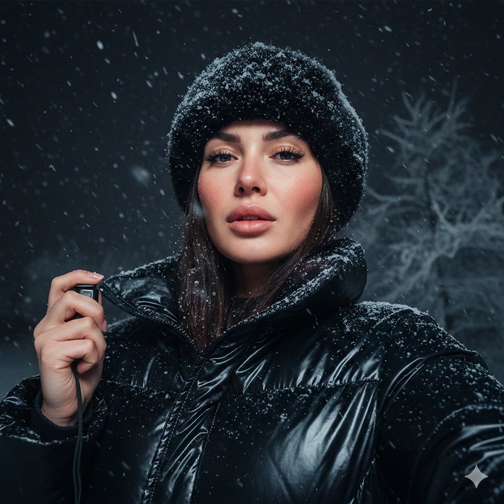 Detailed JSON Prompt for Cinematic Winter Selfie Portrait — output 1