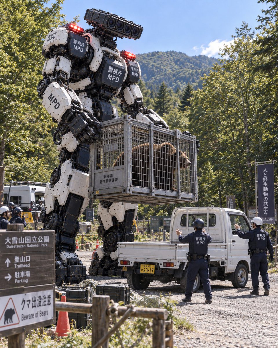 YouTube Thumbnail - Giant Police Robot Capturing Bear — output 1