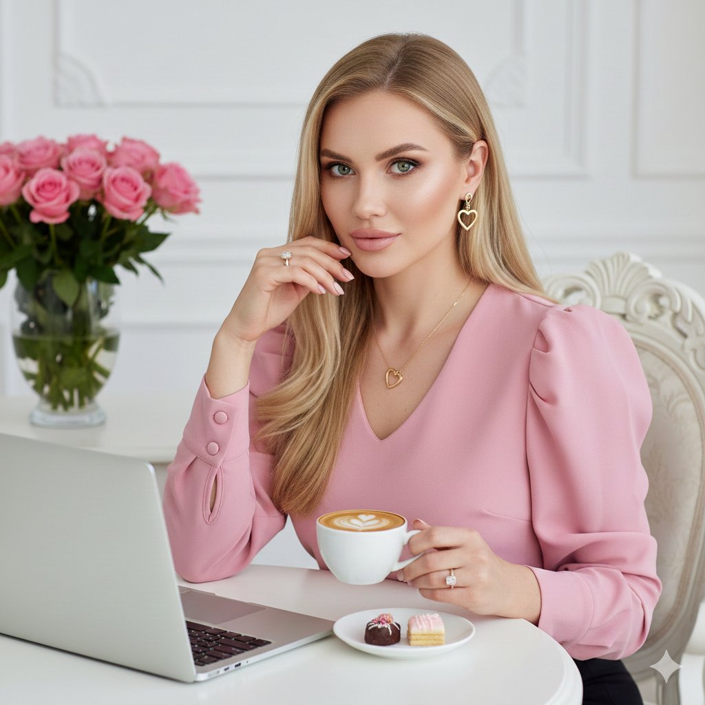 Elegant Professional Portrait with Coffee and Roses Prompt — output 1