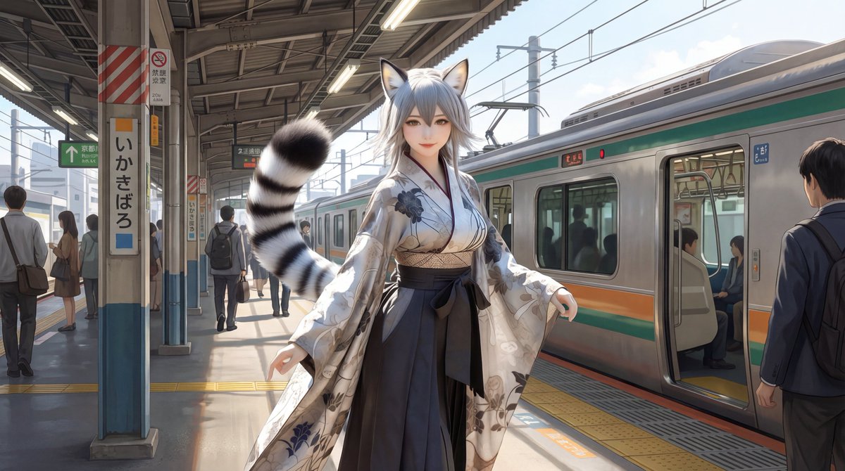 Character on Japanese train platform with matched lighting — output 1