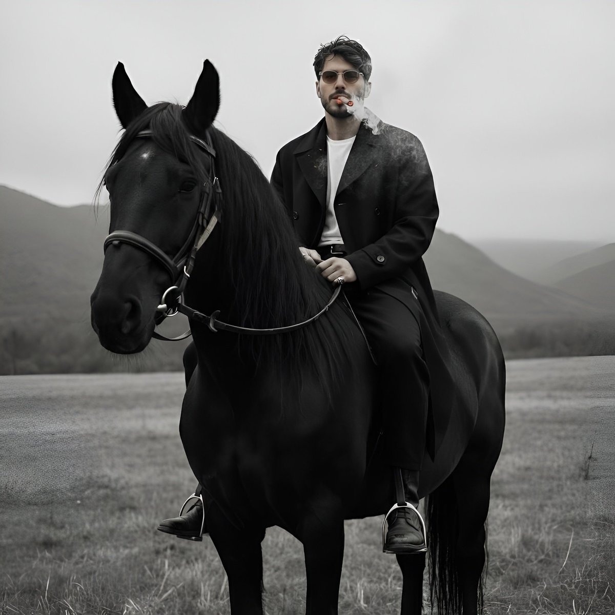 Cinematic Black and White Portrait Prompt of Man with Horse and Cigar — output 1
