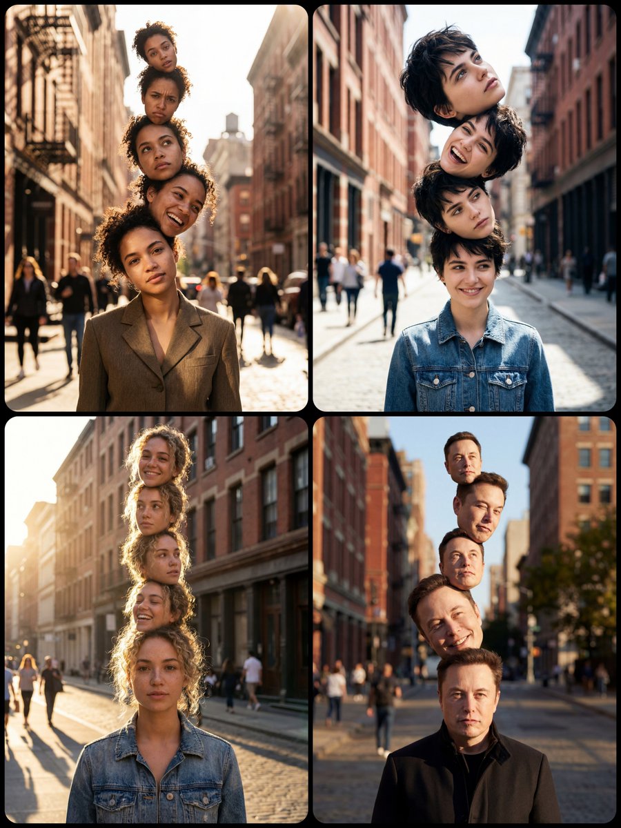 Social Media Post - Surreal Portrait with Stacked Heads in City Street — output 1
