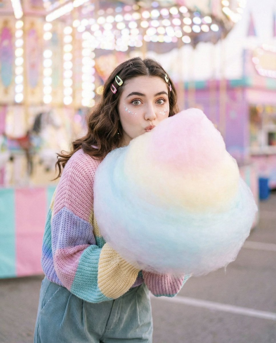Cozy-Sweet Editorial Portrait with Cotton Candy — output 1