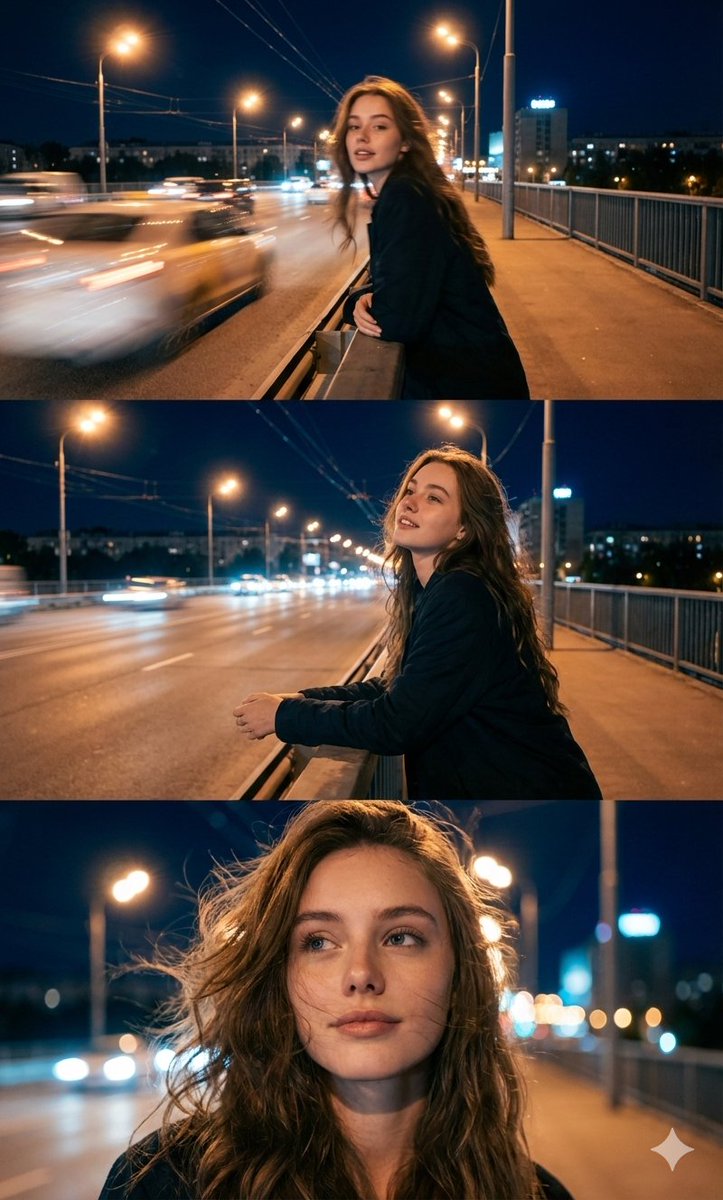Cinematic Triptych Portrait in a Night City Setting — output 1